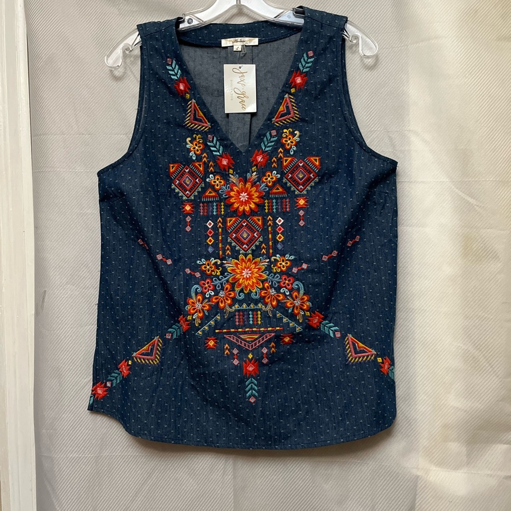 🆕New Women's Boutique Floral Embroidered Jean Sleeveless Top L